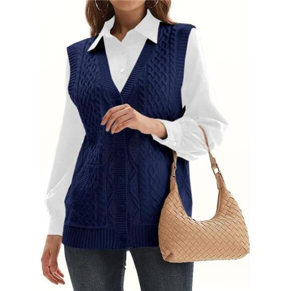 Womens Knit Sweater Vest V Neck Sleeveless Cardigan Navy Blue - Picture 3 of 4